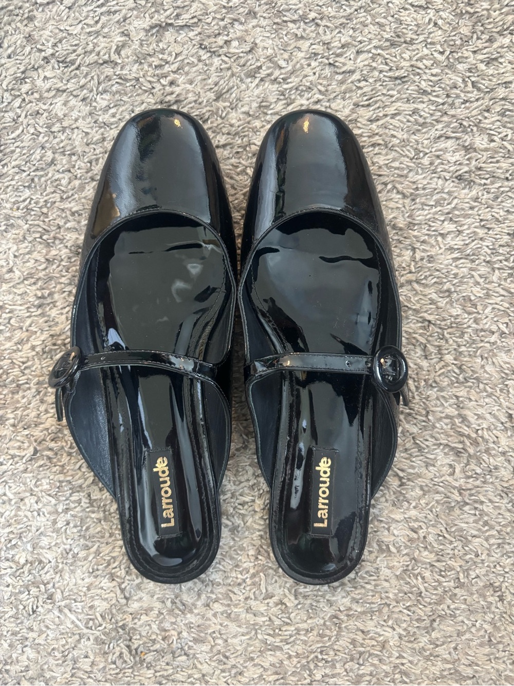 Larroude Black Patent Mary Jane Mules